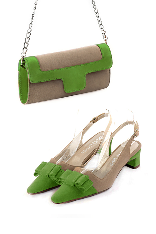 Women's tan beige and grass green luxurious elegant clutch for ceremonies, weddings and evenings out. - Worn view